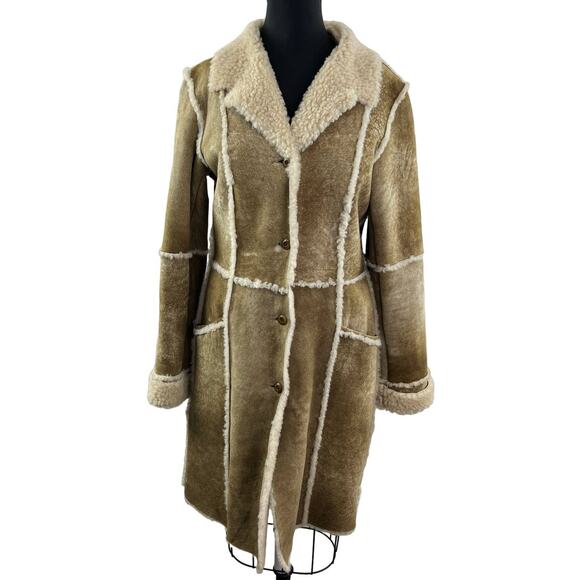 SUNDANCE Tan Suede Leather Sherpa Shearling Long Midi Coat Jacket Collar 12 - Picture 2 of 9
